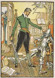 Don Quichot test zijn helm, illustratie uit 